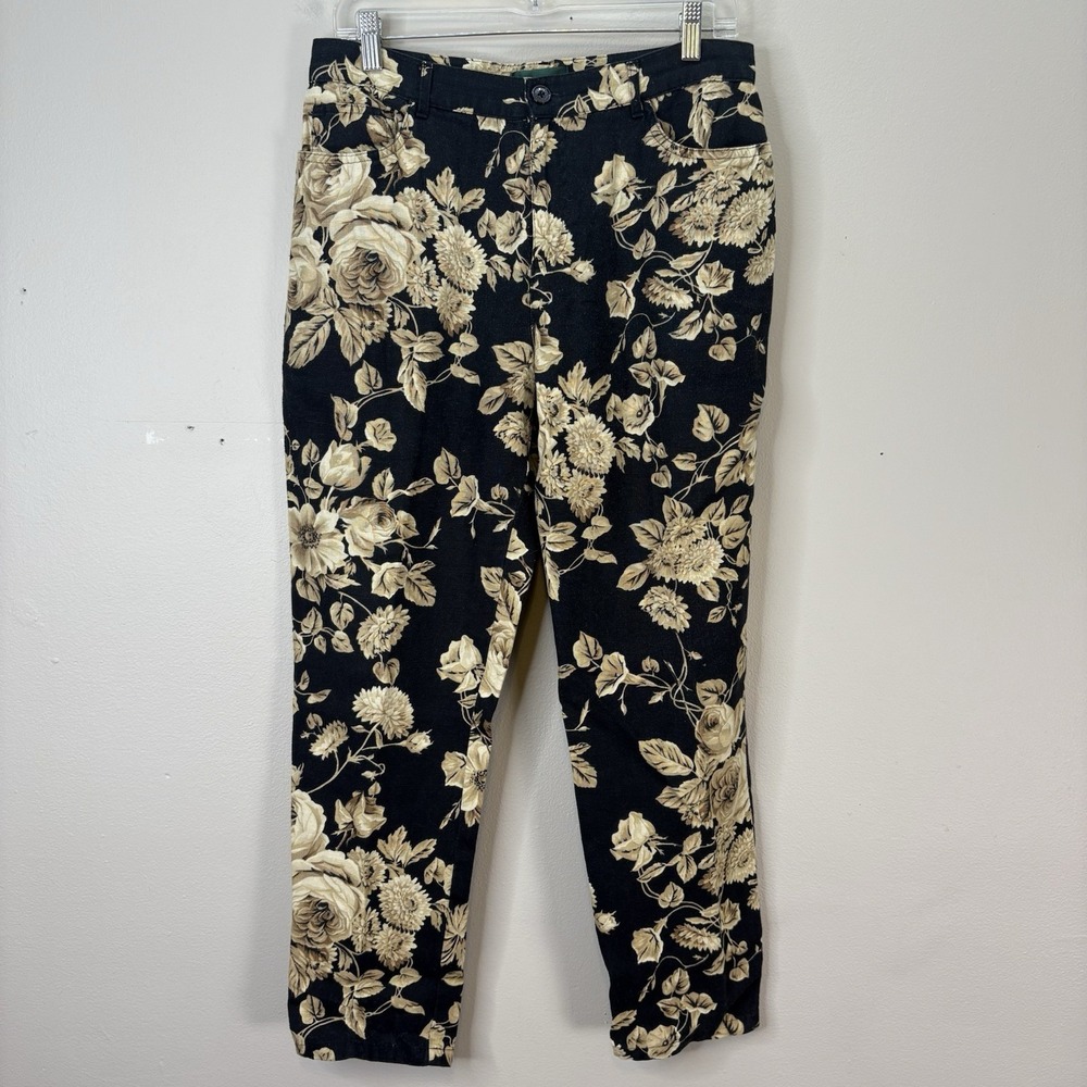Lauren Ralph Lauren Women's Sz 10p Linen Black Floral Pants Boho Romantic Preppy